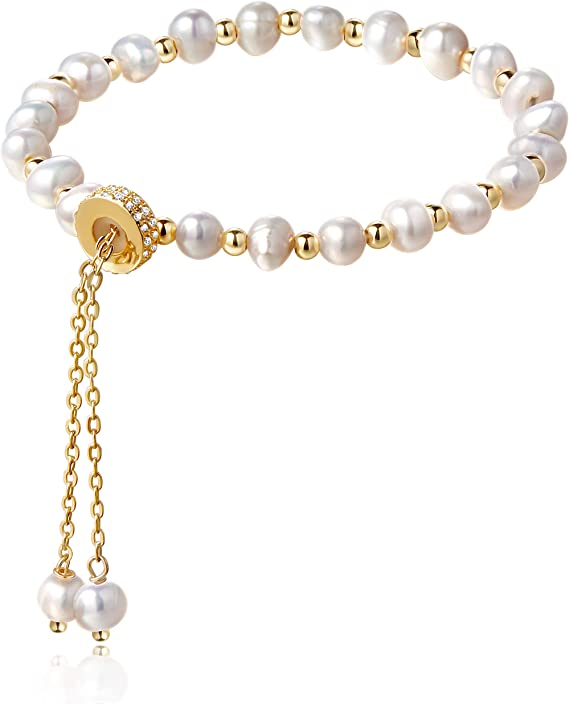 Cowlyn Pearl Bracelet Chain Link Baroque Culture Bossimi 14K Gold Filled Adjustable Fashion Valentine Charm Dainty Handmade Jewelry for Women Wife Girls Mother（with Gift Box）