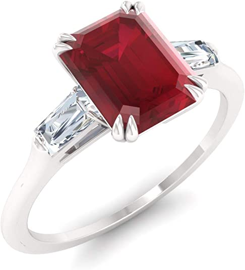 Diamondere Natural and Certified Gemstone and Diamond Baguette Engagement Ring in 14K White Gold | 0.67 Carat Three Stone Ring for Women, US Size 4 to 9