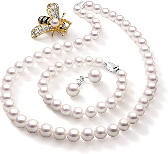 Real Freshwater Cultured Pearl Necklace and Earring Set for Women, AAA Quality Pearls Necklaces with Earrings and Bracelet Jewelry Gifts Sets for Anniversary, Wedding and Birthday.